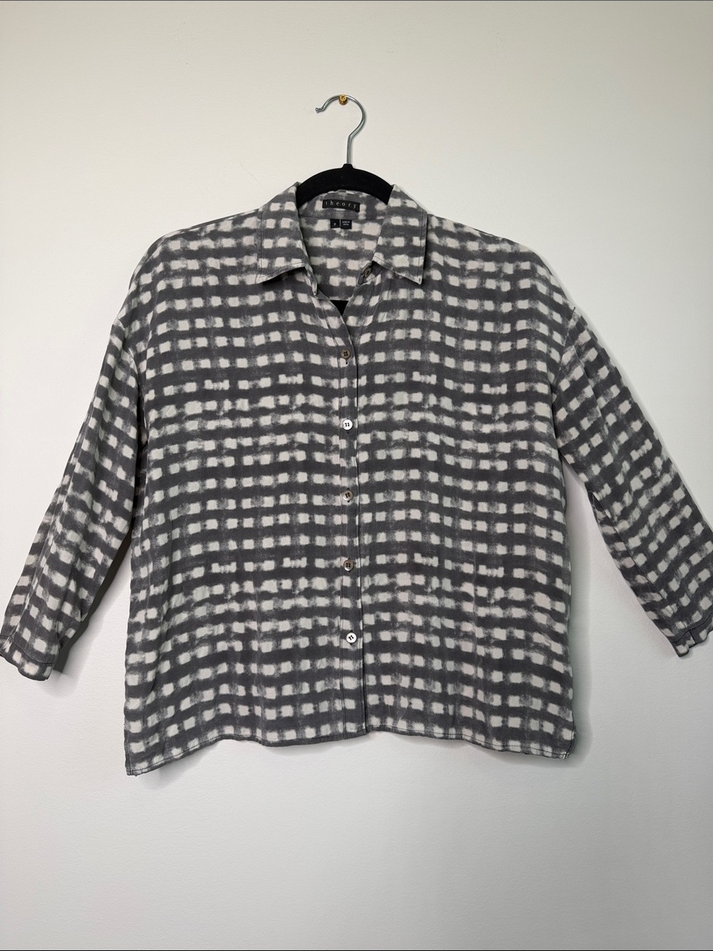 Theory Gray & White Grid Tie-Dye Button-Down Silk Shirt Petite